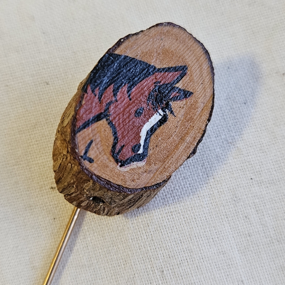 Vtg Horse Painting On Wood Slice Stick Pin
